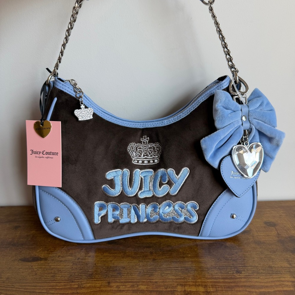 New Juicy Couture American Princess Shoulder Handbag Y2K Brown Blue Bow Cute